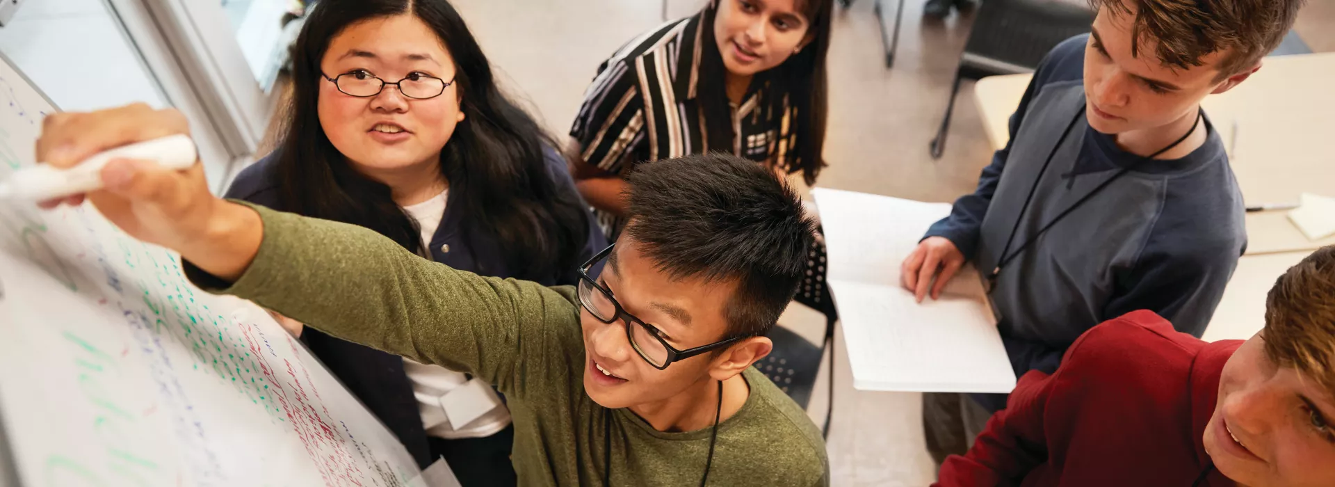 group of teens planning on a white board